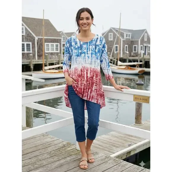 Jess & Jane Womens L Boho Artsy Eclectic Indie USA Rhinestone Star Tunic Top - Picture 2 of 12